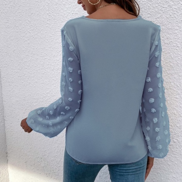 Boho Dusty Blue Swiss Dot Sheer Sleeve V neck Top Minimalist - Picture 6 of 12